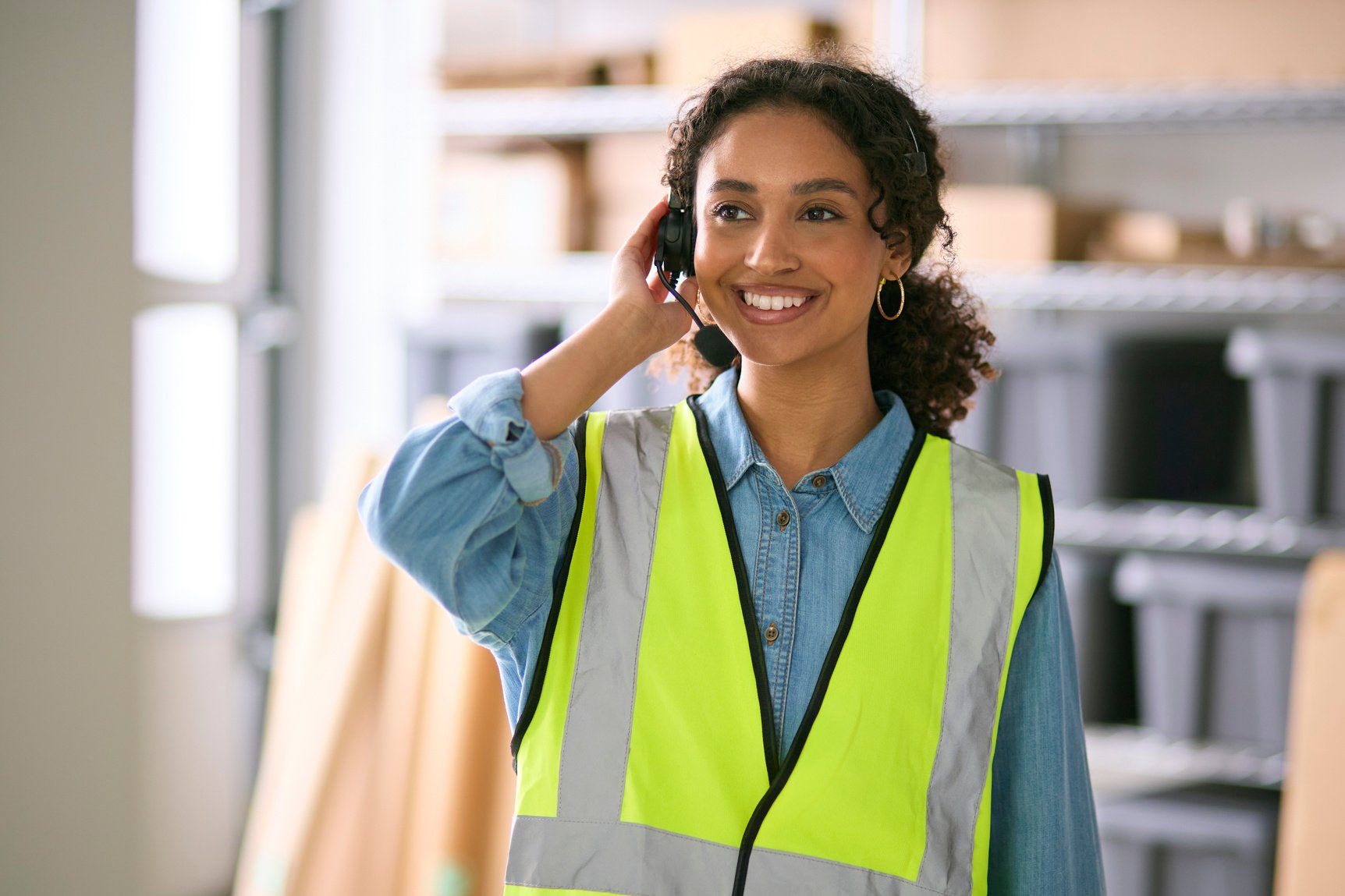 Young Woman Working in Warehouse Wearing Headset and Hi Vis Safety Vest